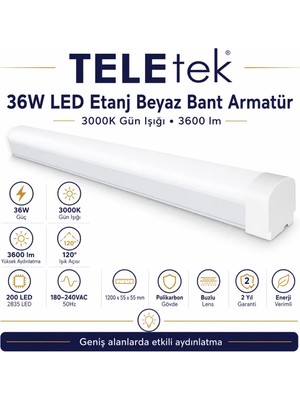 Teletek 36W 3000K Gün Işığı 3600LM LED Etanj Beyaz Bant Armatür