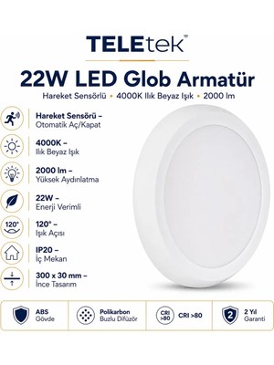 Teletek 22W 4000K Ilık Beyaz Işık LED Glob Hareket Sensörlü Beyaz Armatür Ip 20 2000LM