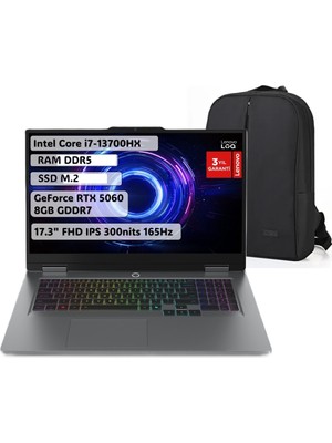 Lenovo Loq I7-13700HX 32GB 512 GB SSD 17.3" Fhd 144Hz Rtx 5060 115W 8gb Gddr7 Windows 11PRO 83JH00BQTR Snertech Çanta