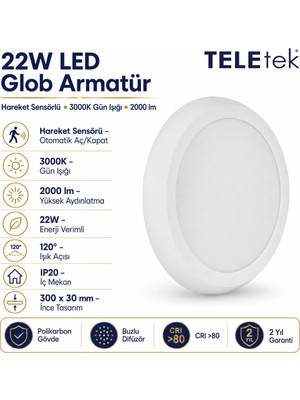 Teletek 22W 3000K Gün Işığı LED Glob Hareket Sensörlü Beyaz Armatür Ip 20 2000LM