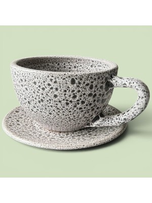 AdenArtpottery Büfelik Büyük Boy Gri Toprak Saksı Kahve Fincanı-El Yapımı Dekoratif Tabaklı Sırlı Saksı 26*18 cm