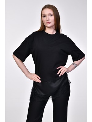Quzu Asimetrik T-Shirt  - Siyah Siyah - M