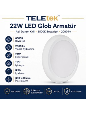Teletek 22W 6500K Beyaz Işık LED Glob Acil Durum Kitli Beyaz Armatür Ip 20 2000LM