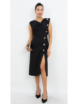 Valerian Moda Degaje Yaka Yırtmaçlı Midi Elbise