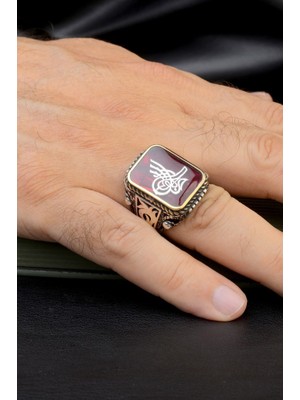 Innuendo Jewelry 925 Ayar Gümüş Kırmızı Mineli Osmanlı Tuğralı Erkek Yüzük