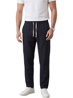 Deepsea Lacivert Çizgi Dokulu Rahat Kesim Yazlık Spor Pantolon – Hafif Kumaş Modern Tasarım 2600263