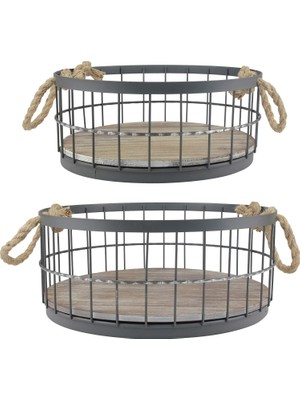 Defne Store 2 Parça Yuvarlak Istiflenebilir Metal Tel ve Ahşap Sepet Seti, Halat Kulplu, Ev Depolama Için Rustik Dekor, Düğünler, Doğum Günleri ve Tatil Partileri Için Dekoratif Servis Sepetleri