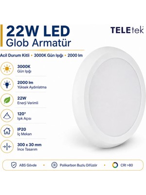 Teletek 22W 3000K Gün Işığı LED Glob Acil Durum Kitli Beyaz Armatür Ip 20 2000LM