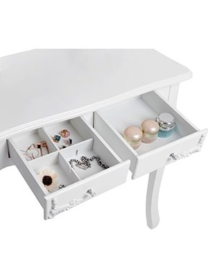 Defne Store Makyaj Masası, Ayna ve Tabure ile Oyuk Makyaj Masası, 4 Çekmece, Eğim Koruması, Beyaz RDT04W, 75 x 40 cm