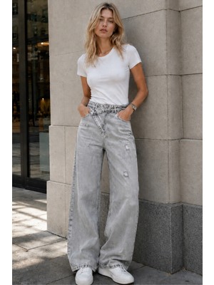 Cedy Denim Cedy Denım Kadın Açık Gri Asimetrik Çapraz Bel Palazzo Jean Vintage Yıkama Geniş Paça Kot Pantolon E7005