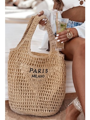 Fashion Cocktail Çift Kalın Askılı Paris Milano Astarlı Fermuarlı Iç Cepli Yazlık Tatil Plaj Büyük Boy Hasır Çanta