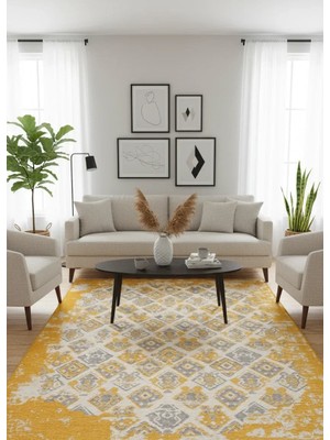 Pera Halı Gri Sarı Çift Taraflı Modern Vintage Yıkanabilir Antibakteriyel Halı - YO015FSAGR