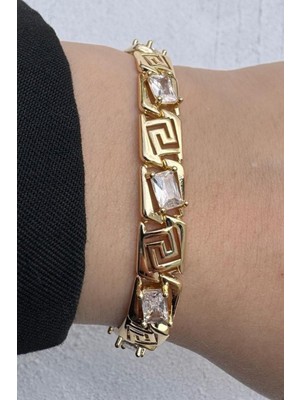 Leo'Stone Kararmaz Renk Atmaz 14K Gold Renk Vintage Greek Desenli Baget Taşlı Kadın Çelik Bileklik Altın