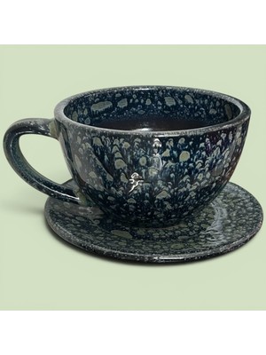 AdenArtpottery Büfelik Büyük Boy Lacivert Toprak Saksı Kahve Fincanı-El Yapımı Dekoratif Tabaklı Sırlı Saksı 26*18 cm