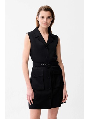 adL  Kemerli Cep Detaylı Rayon Elbise Siyah 12443373003