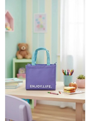 Miniso Lisanslı Dopamine Serisi Termoslu Beslenme Çantası – Mor Harf Desenli Öğle Yemeği Çantası