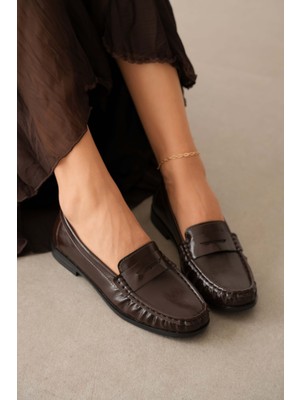 Selin Shoes Vento Düz Taban Klasik Kadın Ayakkabı- Kahve Deri