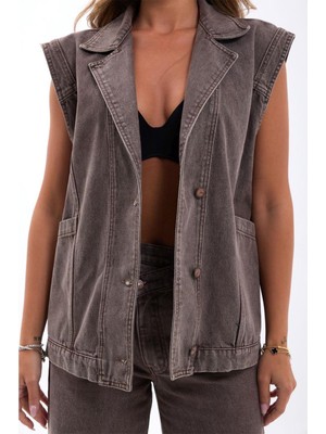 Büşra Ayhan Denim Yelek Takım Üstü – %100 Pamuk M - Kahverengi