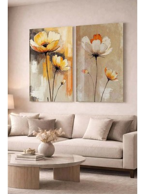 Zevahir Mobilya Dekorasyon Turuncu ve Sarı Çiçekli Floral Modern 2'li Dekoratif Cam Tablo Seti Ofis ve Ev Tablosu