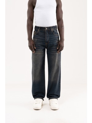Machinist Erkek Etnik Nakışlı Baggy Jean Pantolon Tintli Mavi