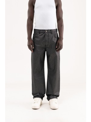 Machinist Erkek Simli Kaplama Kumaş Baggy Jean Pantolon Siyah