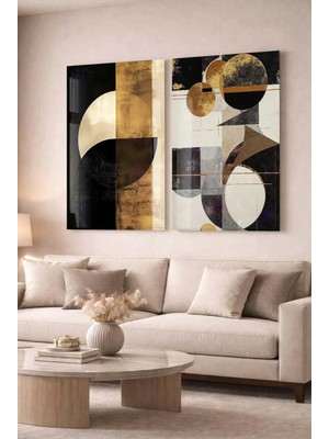 Zevahir Mobilya Dekorasyon Siyah ve Gold Geometrik Modern 2'li Dekoratif Cam Tablo Seti - Ofis ve Ev Tablosu