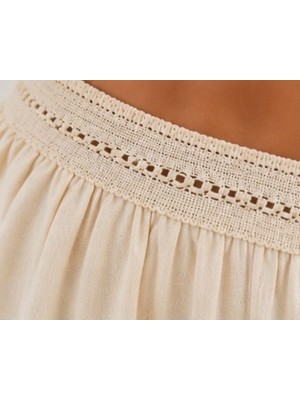Palenaole Butik Kadın Ekru Yüksek Bel Lastikli Bol Paça Rahat Kesim Yazlık Pantolon