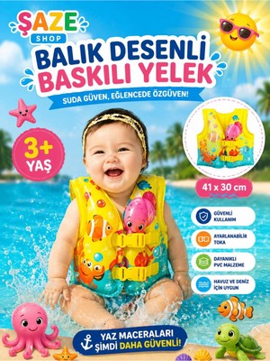Empressco Saze Balık Desenli Baskılı Çocuk Deniz Yeleği 41X30 cm Sarı Can Yeleği 3+ Yaş Havuz Deniz Yeleği - Fiyatı, Yorumları