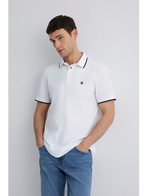 Mavi Erkek Şerit Detaylı Polo T-Shirt M066039 Beyaz