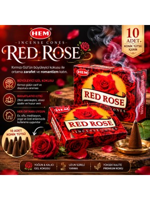 İki Yedi Konsept Hem Red Rose 10 Adet Konik Tütsü Kırmızı Gül Kokulu Romantik Çiçeksi Aroma Koku