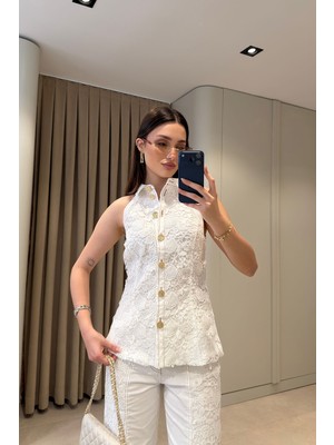 Magarde Kolsuz Dantelli Premium Denim Gömlek- Beyaz