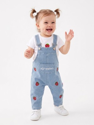 Kids Kingdom Pamuklu Çilek Detaylı Cepli Kot 2li Kız Bebek Salopet Takım