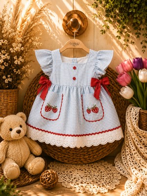 Bobby Çilek Nakışlı Fiyonk Detaylı Ekose Pötikareli Fırfırlı Dantelli Bebek Kız Elbise