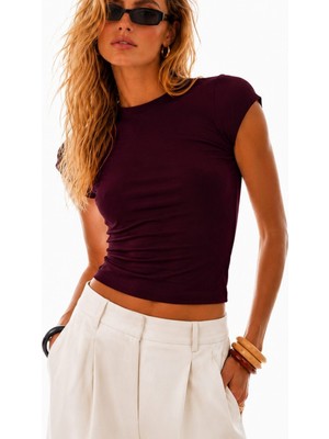 Ghassy Co. Kadın Basic Crop Bisiklet Yaka Slim Fit Esnek Kumaş Günlük Şık Yazlık Penye Spor Tişört