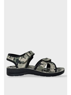 Liger Askeri Kamufulaj Desenli Unisex Kadın Sandalet Siyah - Haki