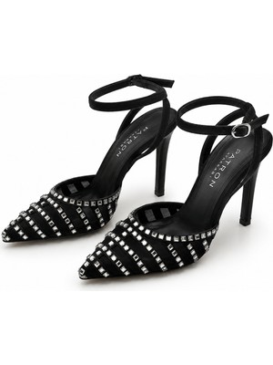 Patron Shoes 10 cm Topuklu Süet Taş Detaylı Sivri Burun Bilekten Bağlamalı Abiye Ayakkabı