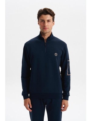 Ar-ma Erkek Yarim Fermuar Sweatshirt Baskisiz Basic Sol Kol Fermuar Cepli Slim Fit Scuba İnterlok K30404685702