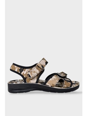 Liger Askeri Kamufulaj Desenli Unisex Kadın Sandalet Siyah - Bej