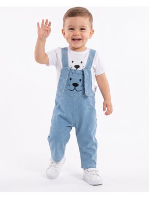 Kids Kingdom Pamuklu Kulak Detaylı Yumuşak Kot 2li Erkek Bebek Salopet Takım
