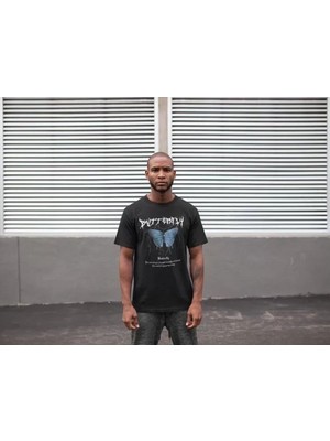 Marsilyan- Unisex Bisiklet Yaka Baskılı Oversize T-Shirt - Siyah