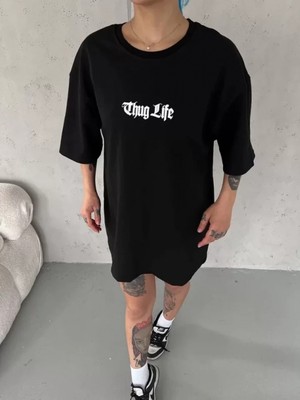 Marsilyan- Unisex Bisiklet Yaka Baskılı Oversize T-Shirt - Siyah