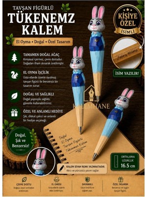 Kalemhane Kişiye Özel El Oyma Işçilik Özel Yapım Tükenmez Kalem Tavşan 2  Figürlü