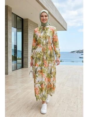 Harma Time Butik Kadın Düğmeli Desenli   Modal Kumaş Yeşil Elbise