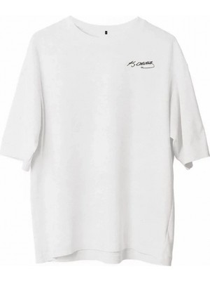 Marsilyan- Unisex Bisiklet Yaka Baskılı Oversize T-Shirt - Beyaz