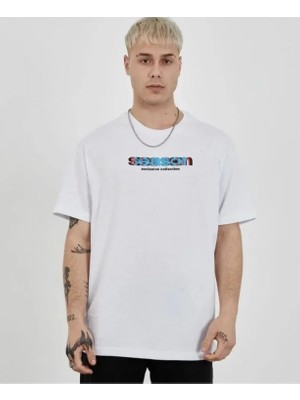 Marsilyan- Unisex Bisiklet Yaka Baskılı Oversize T-Shirt - Beyaz