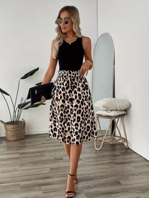 Oada Kadın Askılı Yuvarlak Yakalı Viskon Bluz ve Leopar Desenli Önü Düğmeli Midi Etek Ikili Takım