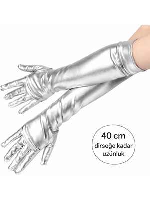 Marsilyan Gümüş Renk Dirsek Altı Lüks Saten Eldiven 40 cm (4887)