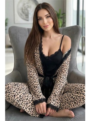 Pijama Evi Siyah Leopar Desenli Bambu Sabahlıklı Kadın Pijama Takımı