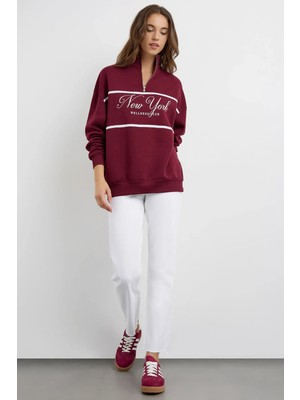 Hiccup Kadınlar Büyüklü-Boyutlu Baskılı Fermuarlı Sweatshirt Bordo Kırmızı