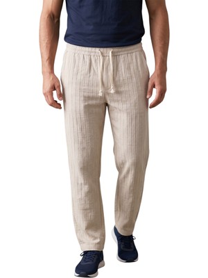 Rizzup Erkek Bej Çizgi Dokulu Rahat Kesim Yazlık Spor Pantolon – Hafif Kumaş Modern Tasarım 2600263